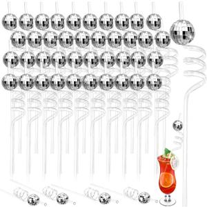 40 Pieces 70s Disco Ball Straws Glitter Mirror Silver Ball Straws 70s Wedding Birthday Party Decorations Disco Supplies for 1970s Fever Retro Dance Holiday Wedding Bachelorette Party Decor
