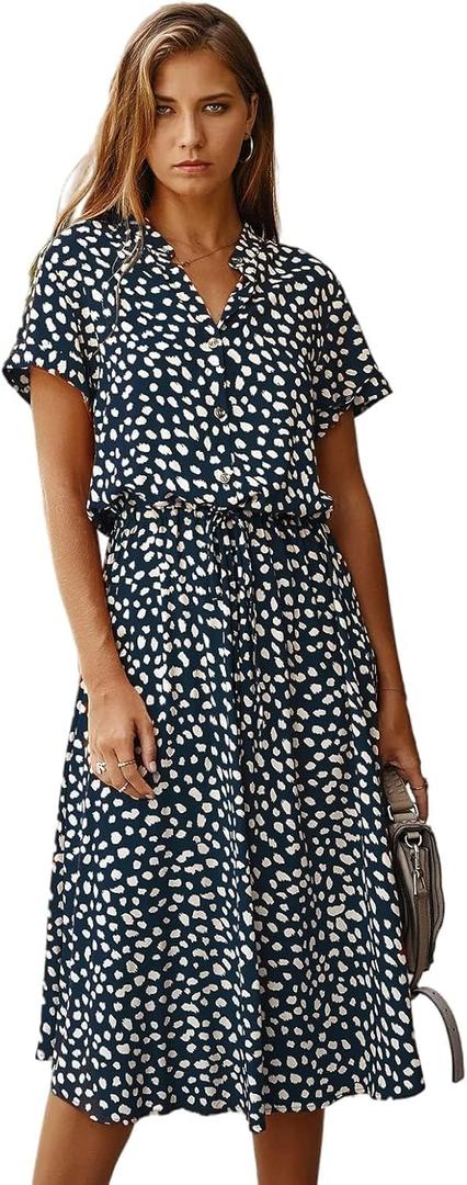 Milumia Womens Polka Dots Button Front Midi Dress Drawstring High Waist Short Sleeve A Line Long Dress Navy Blue Small