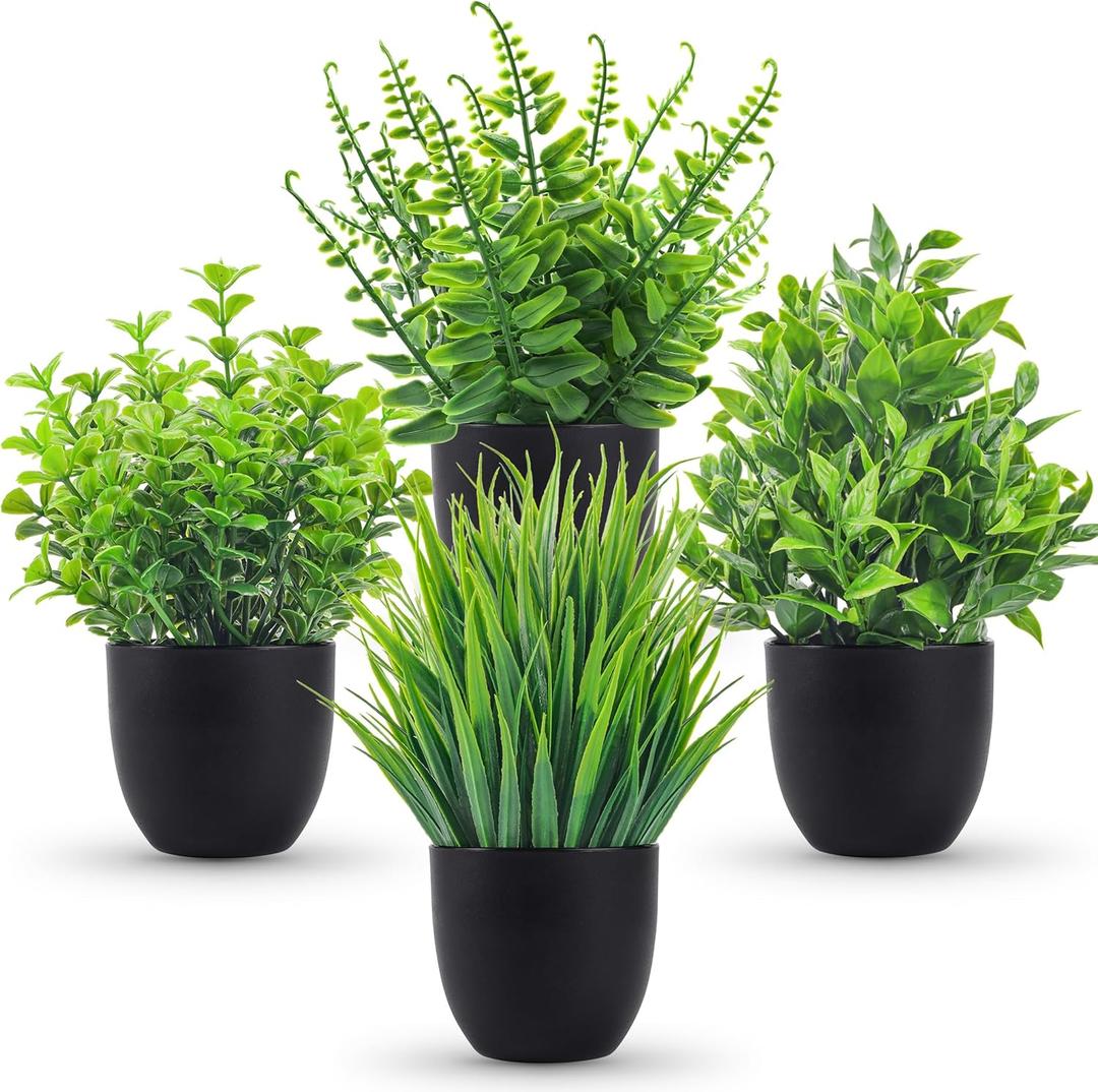 Der Rose Fake Plants 4 Packs Artificial Plants Small Faux Plants Black Bathroom Accessories for Bathroom Home Office Desk Decor Indoor (Green)