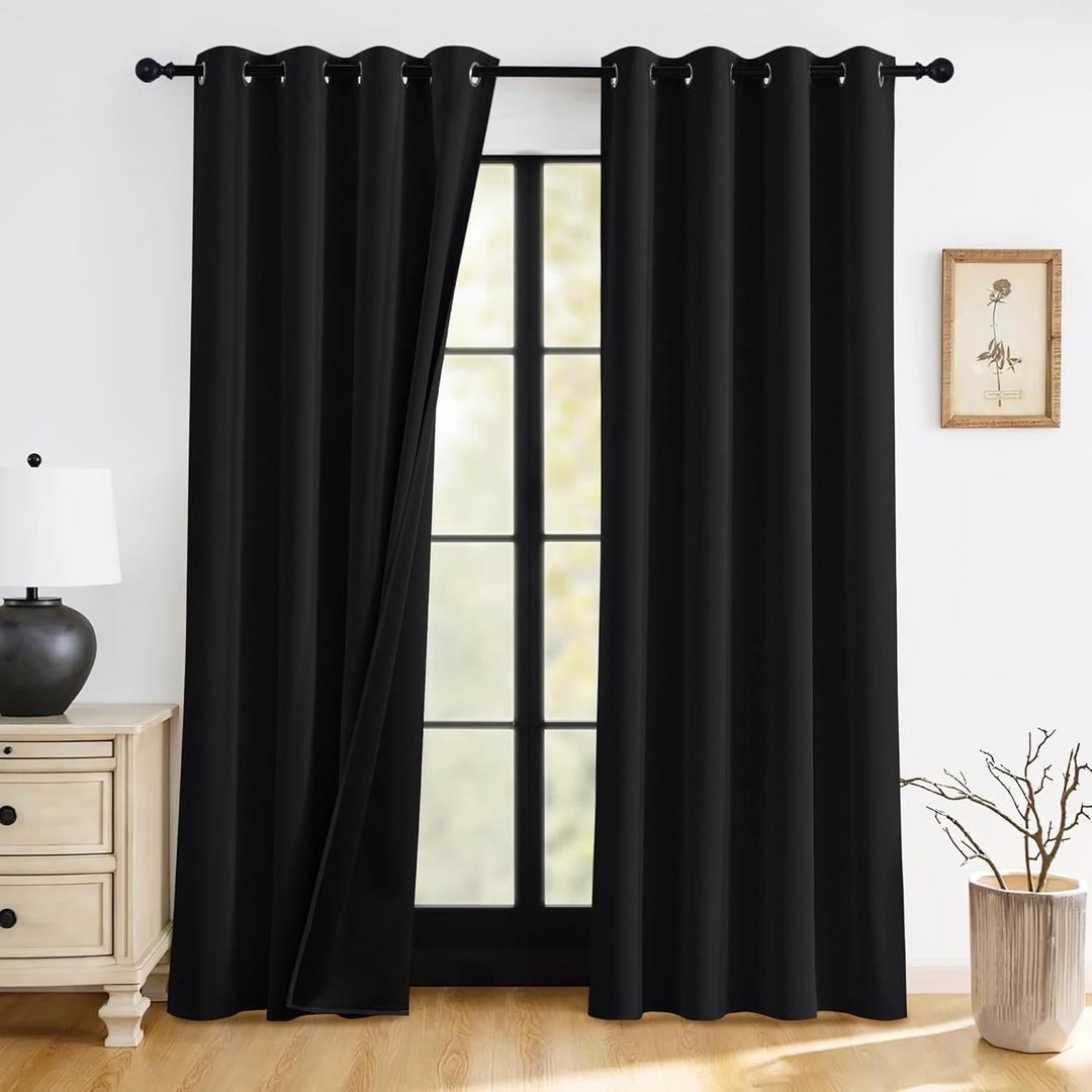 RYB HOME 100% Blackout Black Curtains for Bedroom Living Room, Thermal Insulated Heat Blocking Noise Reducing Window Curtains & Drapes for Kids Room, 52 inches Wide by 96 inches Long, 2 Panels Set