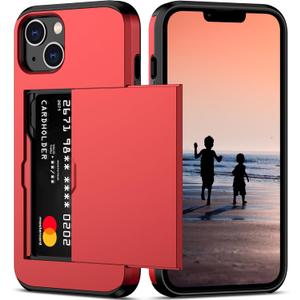 Nvollnoe for iPhone 14 Case with Card Holder Heavy Duty Protective Dual Layer Shockproof Hidden Card Slot Slim Wallet Case for iPhone 14 for Women&Men(Red) (Red-Regular Storage)