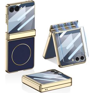 Magnetic Leather Case for Samsung Galaxy Z Flip 7 with Magnetic Hinge Protection & Built-in Screen Protector, [Support Wireless Charging ] Luxury Plating Shockproof Cover for Galaxy Z Flip 7 (Blue)
