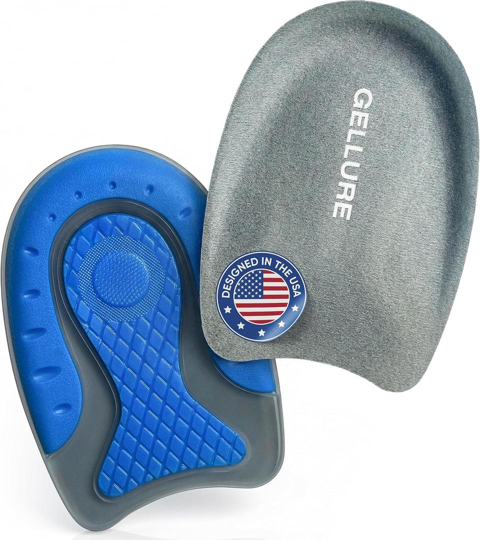 Pro-Grade Heel Cups for Achilles Tendonitis & Plantar Fasciitis with Fabric Top, Dual-Zone Shock Absorption, Reinforced U-Shape Gel Frame, Non-Slip Cushion Inserts - 2-Pack, for Men & Women