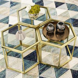 Gold Coffee Table Glass Modern Coffee Table, Hexagon Free Combination Glass Center Table Small End Tables with Metal Frame for Living Room Set of 3
