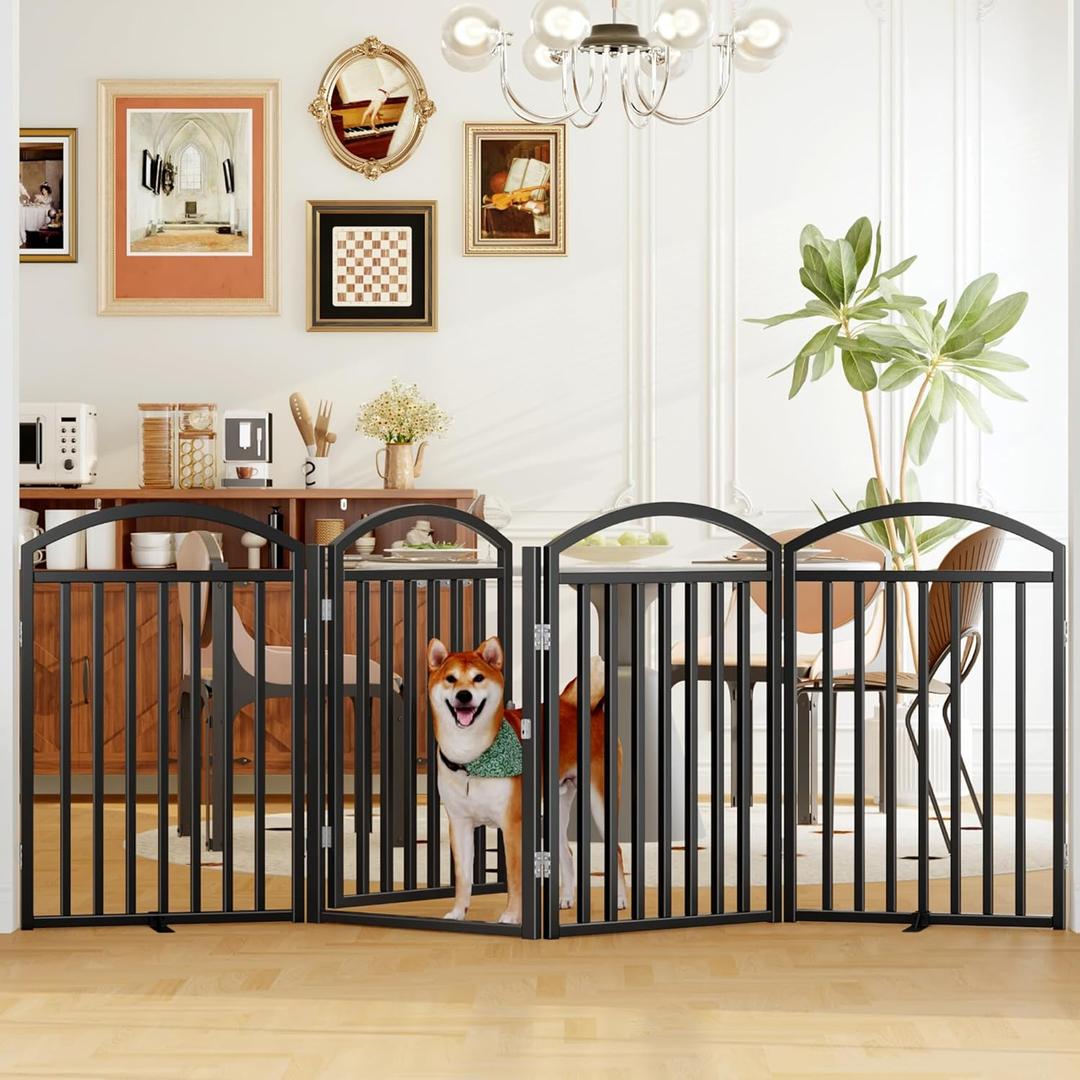 Folding No-Assembly Freestanding Dog Gate with Door,32" Heights Foldable Pet Fence,96" Extra Wide Accordion Puppy Folding Playpen for Doorways,House,Stairs (4 Panels,Black)