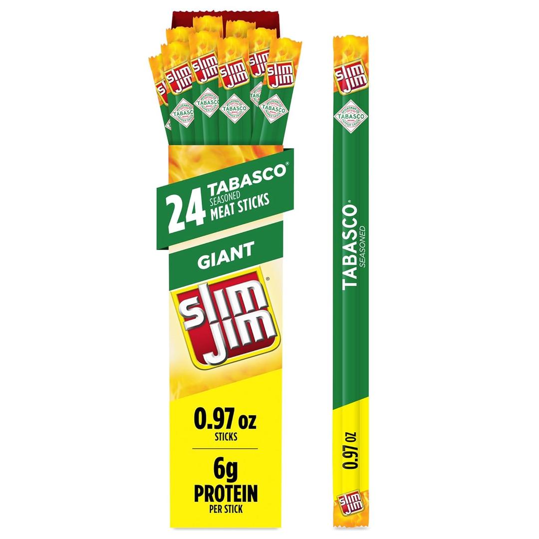 Slim Jim Giant Smoked Meat Sticks, Tabasco Flavor, 6g Protein Per Stick, Easter Basket Stuffer for Men, 0.97 oz. (24 Count), BBD: APR 26/2026
