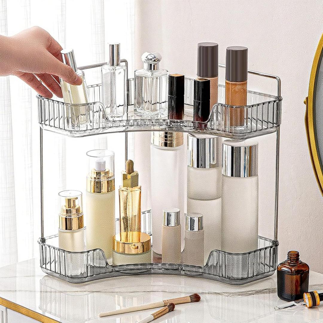 Corner Bathroom Countertop Organizer, 2 Tiers Vanity Trays for Counter, Makeup Organizers, Perfume Tray, Kitchen Spice Rack, Smoky Gray (13.6" x 10" x 15.1")