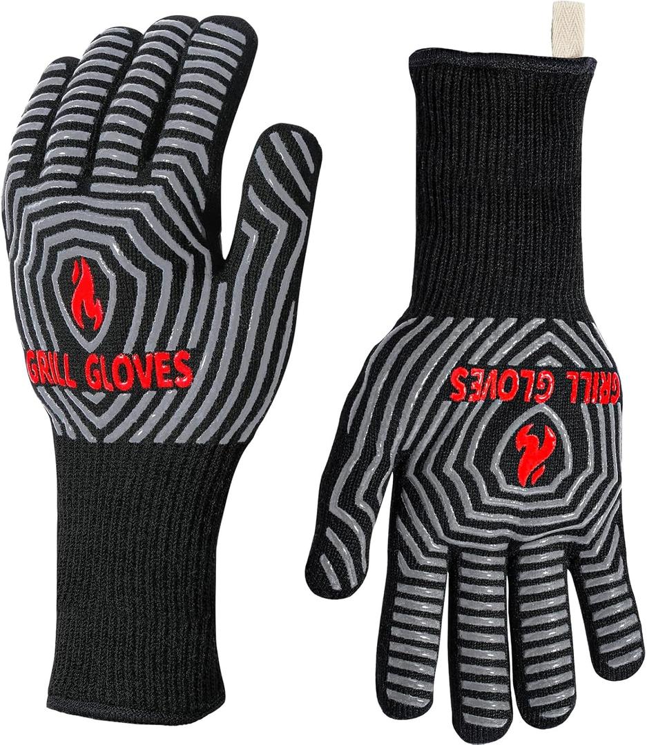 QUWIN BBQ Gloves, Oven Gloves 1472 Extreme Heat Resistant, Grilling Gloves Silicone Non-Slip Oven Mitts, Kitchen Gloves for BBQ, Grilling, Cooking, Baking-1 Pair (Black, One Size(Long Cuff))