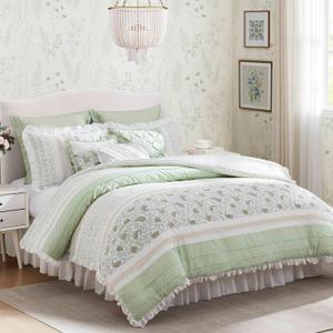 Madison Park Queen Comforter Set Cottage Cotton Comforter for Queen Size Bed, All Season, Lightweight Queen Cotton Bedding Include Shams, Bedskirt & Dcor Pillows, Dawn, Queen Sage Green 9 Piece