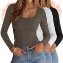 Ficerd 3 Pack Women's Thermal Long Sleeve Shirts Fleece Lined Scoop Neck Stretch Fitted Tops Winter Base Layer Underwear (Black, White, Light Brown)