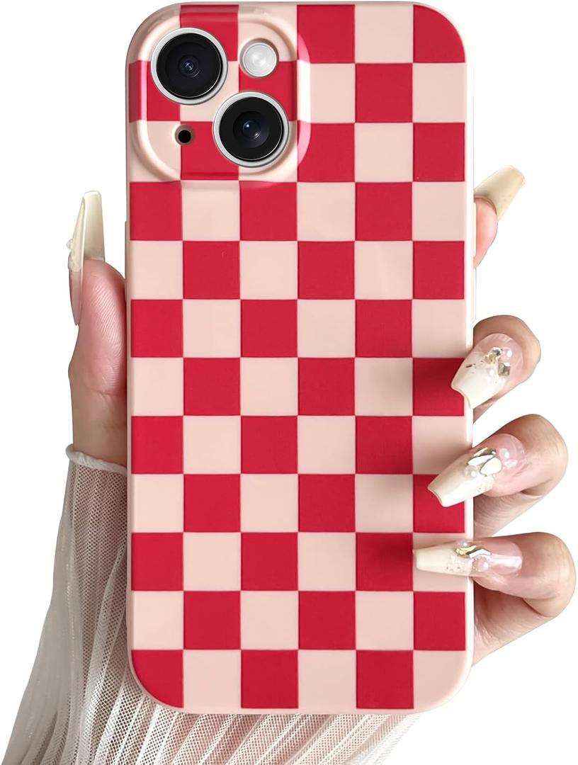 Compatible with iPhone 15 Case Cute Checkerboard Checkered Pattern Design Soft Slim TPU Phone Case Shockproof Full Camera Protection for Women Girls - Pink&Red
