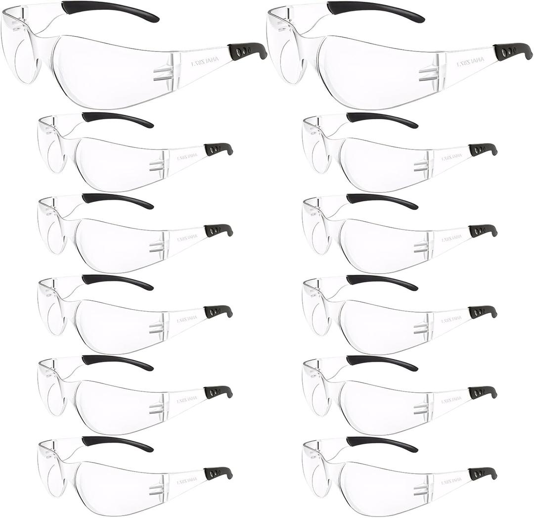 Safety Glasses Bulk ANSI Z87.1, Wrap Around Resistant Scratch UV Eye Protective Eyewear for Men Women Work Lab(12, Clear)