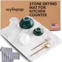 Stone Drying Mat for Kitchen Counter – Diatomaceous Earth Dish Drying Stone (White Marble) – Modern Countertop Drying Rack – Water Absorbent, Heat Resistant, Non-Slip Kitchen Mat with Towel (16"x12")