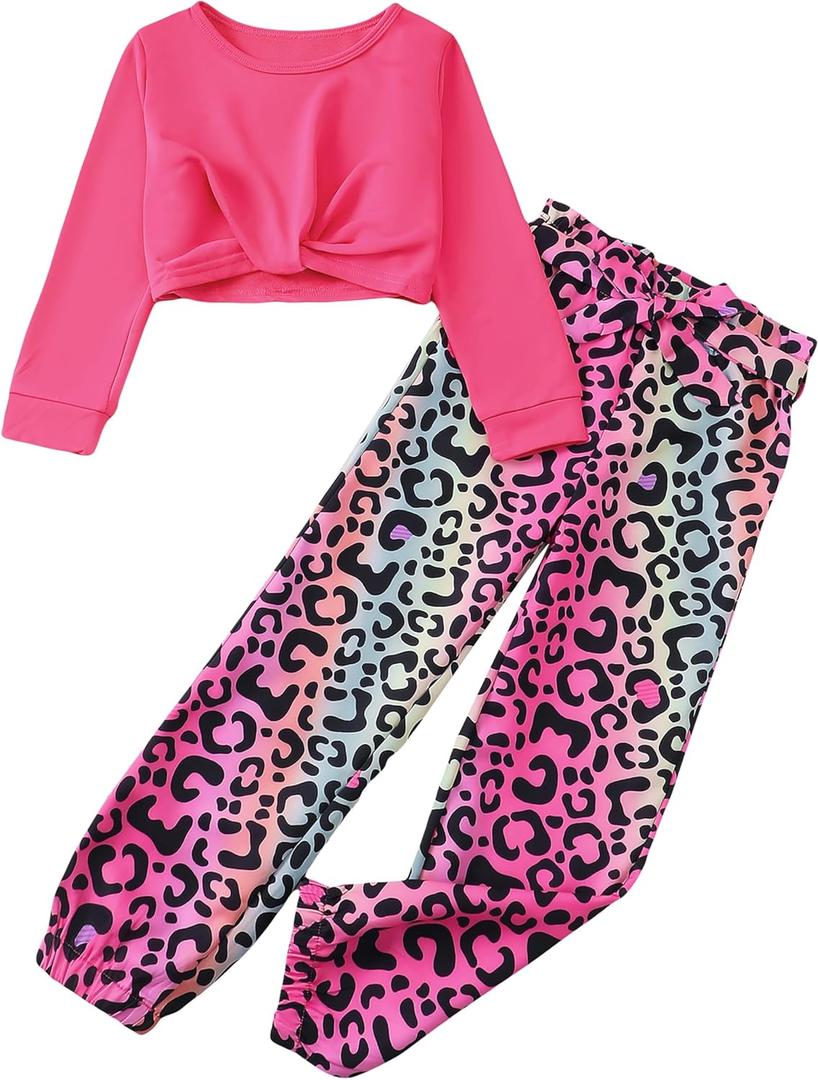 Girls 2 Piece Outfits Long Sleeve Twist Front Shirts and Camo Pants Sets for Fall Winter Sweatsuits Size 5-14Y (Pink)