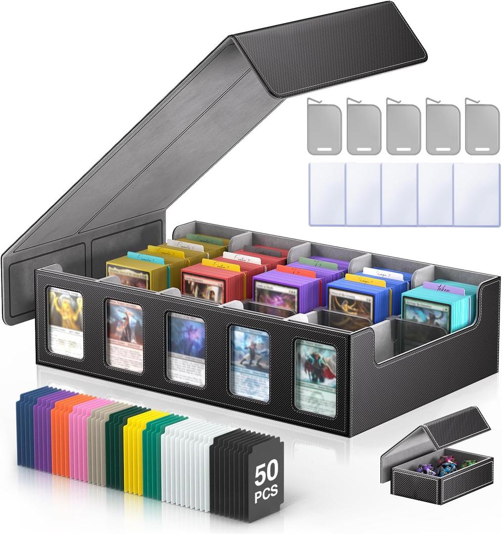 Trading Card Storage Box 3900+ Capacity - 5-Row Card Case with Magnetic Lid & Commander Display for MTG TCG Sports Cards,Includes 5 Toploaders/50 Dividers/10 Stoppers/Dice Box/Cleaning Cloth (Black)