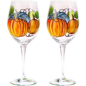 2PCS Hand Painted Pumpkin Goblets Fall Thanksgiving Wine Glass Fall Autumn table Decor Fall Wine Glasses with Stem for Thanksgiving Hostess Perfect Gifts (Pumpkin-A), general