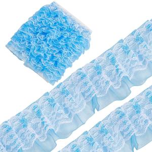 GORGECRAFT 10m Double Layer Pleated Organza Lace Edge Trim 5cm Wide Gathered Voile Mesh Chiffon Tulle Fabric Ruffles Lace Ribbon for Sewing Crafts Wedding Dress Party Accessories Decor Clothes Blue (Deep Sky Blue)