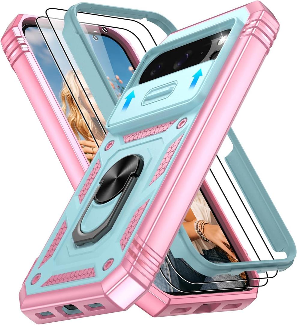 For Google Pixel 10 Case/Pixel 10 Pro Case with 2PCS Screen Protector, Build in 360 Rotating Ring Kickstand, Military Grade Protective Cover for Google 10/10 Pro Phone, Green, Pink