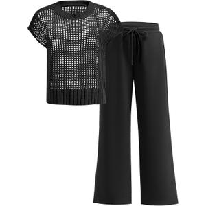 Women Two Piece Outfits Crochet Sheer Knit Sweater Top Wide Leg Pants Lounge Matching Sets Sweatsuit Travel Clothes (Medium, Black)