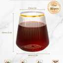 Goodluck 80 Pack 12oz Stemless Plastic Wine Glasses Clear Ribbed Cups with Gold Rim, Fancy Reusable Disposable Drinkware for Weddings, Parties, Bars, Indoor and Outdoor Events (EXP 09/26/54)
