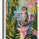 Funny Cat Bathroom Canvas Wall Art, Colorful Tabby Cat on Toilet Wall Art, Animals Reading Canvas Print Artwork, Dopamine Bathroom Wall Decor for Bathroom Toilet Restroom Washroom Home Decor 16x24''