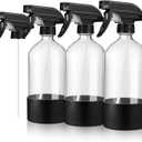 3 Pcs 16oz Empty Glass Spray Bottle with Black Silicone Sleeve Protection - Refillable Boston Round Containers with Adjustable Nozzle for Cleaning Solutions, Essential Oils, Misting Plants, Gardening
