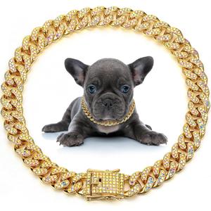LEIFIDE Dog Chain Collar Diamond Link Puppy Collar 12 mm Wide Dog Necklace Metal Cat Chain Pet Crystal Necklace Jewelry Accessories for Small Medium Large Pet(14 Inch,Gold, AB Color)