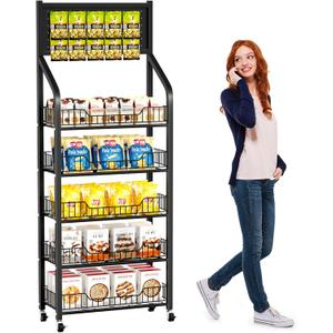 65" 5 Tier Snack Rack Display Stand with Hooks & Wheels, Metal Retail Display Shelf for Chips, Snacks, Candy, Metal Snack Shelf for Store Home Kitchen Store Organizer (60cm-black)