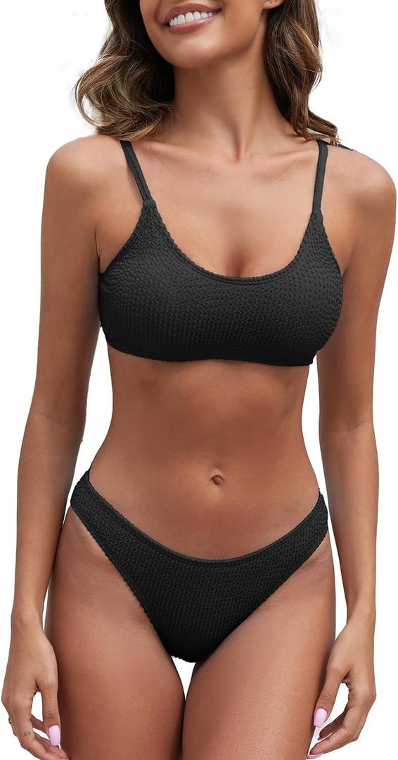 Fanuerg Women's Ribbed Bikini Sets Scoop Neck Cheeky Swimsuit Textured Two Piece Bathing Suit (Medium, Black)