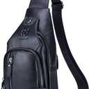 BULLCAPTAIN Leather Sling Bag Mens Chest Bag Casual Shoulder Crossbody Bags Travel Hiking Backpacks Daypack with USB Charging Port (Black)