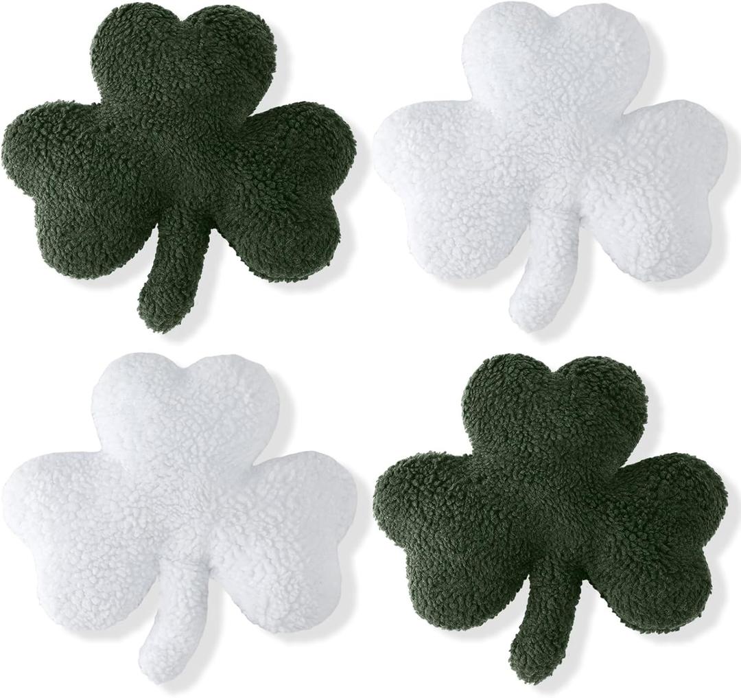 Bencailor 4 Pcs St. Patrick's Day Shamrock Pillow Plush Shamrock Shaped Throw Pillows Holiday Decorations for St Patrick's Day Irish Sofa Office Living Room Couch Car Decor (Green/White)
