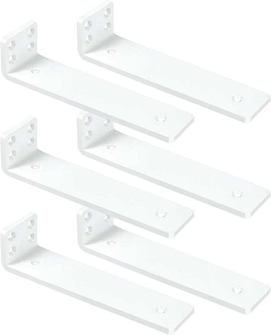 White Floating Shelf Brackets 6 inch, Heavy Duty Wall Shelf Brackets 6 Pack for Shelves Support, Hidden Metal L Brackets with Mounting Hardware (1/5'' Thick)