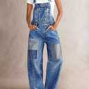 Flamingals Wide Leg Patched Stitch Detail Denim Overalls for Women Casual Jumpsuits with Pockets Mid Blue XS 