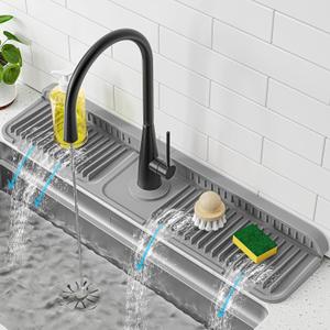 PoYang 24 inch Faucet Mat for Kitchen Sink Splash Guard, 7 Slope Silicone Sink Water Splash Guard for Kitchen Sink Area with Snap Button, Longer Sink Protectors for kitchen Sink Sponge Holder, Grey