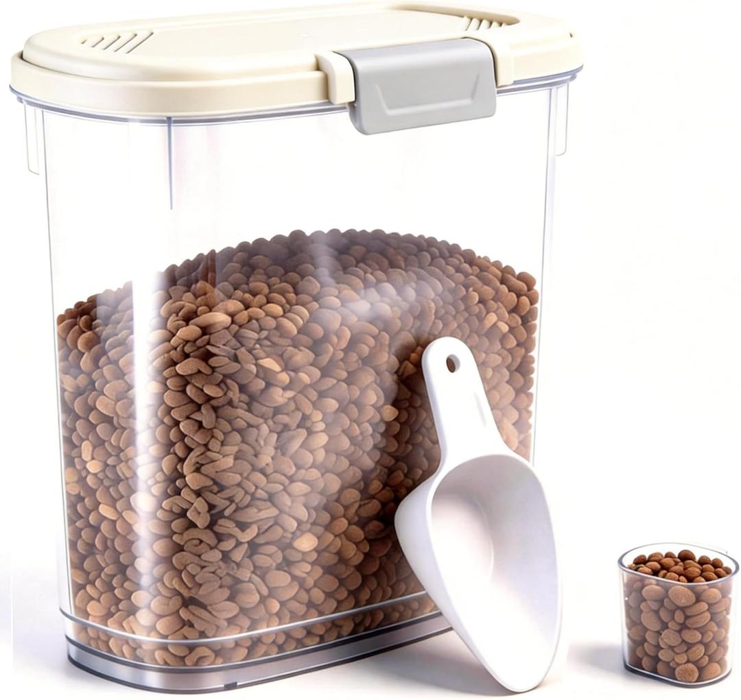 Airtight Dog Food Storage Container 10 Lbs - Slim Tall Pet Cat Food Treat Container with Lid, Scoop and Cup - Clear Plastic Dry Food Storage Bin for Dogs, Cats, Bird Seeds, Kibble, Pellets