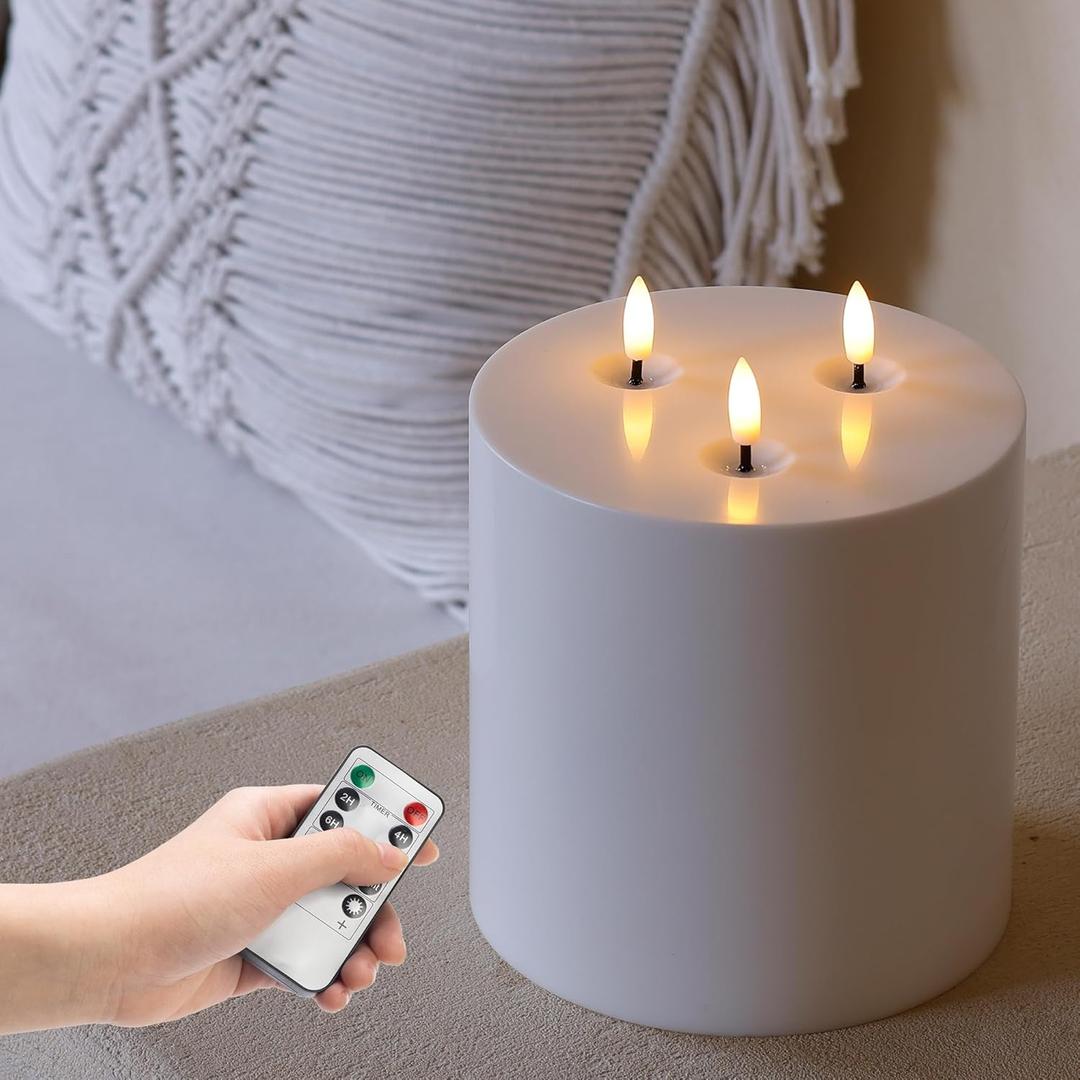 6" x 6" Extra Large Outdoor Waterproof Flameless Candle with 3 Wick, White Plastic Battery Operated LED Candle with Remote and Timer, Flickering Fake Pillar Candles for Garden Patio Porch Home Party