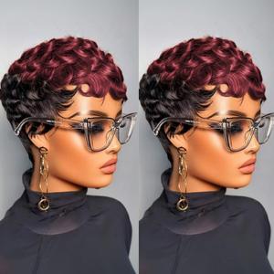 Pixie Cut Culry Human Hair Wig 1b/99j Color Short Pixie Cut Wigs for Black Women Glueless Pixie Curly Wig with Bangs Short Layered Brazilian Virgin Human Hair Wigs For Women (1b/99j)