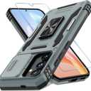 DEERLAMN Case for Samsung Galaxy S24 6.2-Inch with Slide Camera Cover+Screen Protector(1 Pack), Rotated Ring Kickstand Military Grade Shockproof Protective Cover-Grey