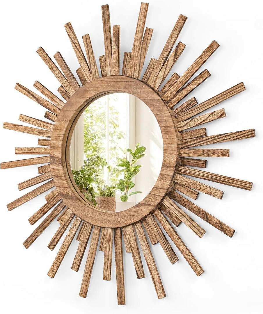24 Inch Boho Sunburst Mirror, Round Wooden Wall Decor Starburst Sun Mirror for Bedroom, Living Room, Bathroom, Hallway, Balcony, Farmhouse Entryway, Housewarming Gift（Rustic Brown