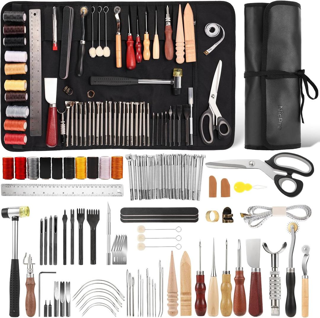 Nicpro 85PCS Leather Tooling Kit Leather Working Tools Kit with Custom Storage Bag, Adults Leather Making Craft Tools Beginner Kit for Stamping Sewing Carving Cutting Punching Leather Working