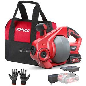 POPULO 20V Cordless Electric Drain Auger-Efficient 25Ft Auto-Feed Drain Snake with Replaceable Cable,2.0Ah Battery,Charger,Storage Bag & Gloves for Kitchen,Bathroom,Shower Pipes (3/4"-2")"