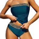 WDIRARA Women's 2 Piece Color Block Tankini Set Bandeau Strapless Ruched Bathing Swimsuit (Large, Teal Blue)