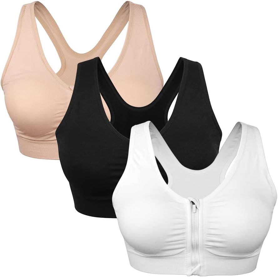 Women's Zip Front Sports Bra Wireless Post-Surgery Bra Active Yoga Sports Bras (Large, Black-Flesh-White)