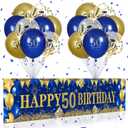 50th Birthday Decorations for Men and Women - Blue and Gold Yard Banner With 18 PCS Balloons for Anniversary Party Supplies - Indoor Outdoor Decor