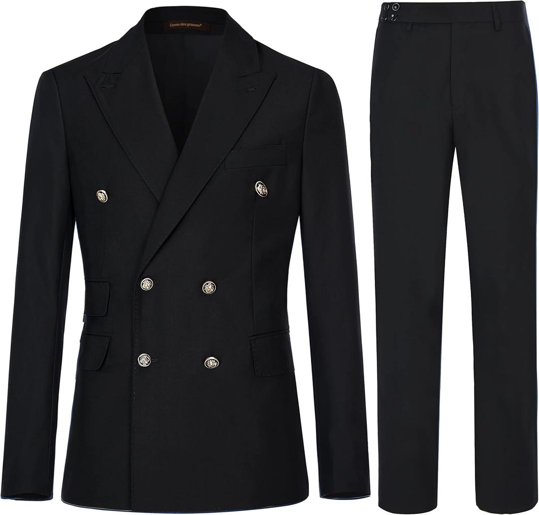 Men's Slim Fit 2 Piece Suit Double Breasted Business Wedding Prom Tuxedo Suits Blazer & Pants Set… (Black), UK 44