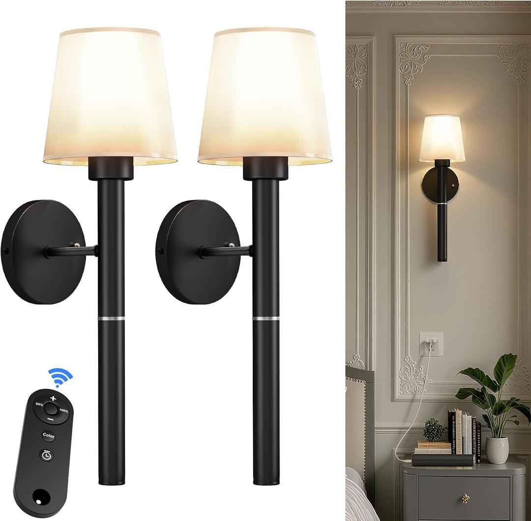 Rechargeable Wall Sconce Set of 2, Black Battery Operated Wall Sconce with Magnetic Rechargeable 5200mAh Battery Stick Dimmable and Remote, 3 Colors Wireless Lighting for Bedroom Hallway