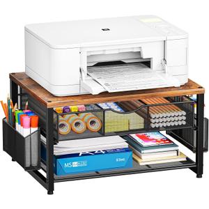 Marbrasse Wood Printer Stand for Desk, 2-Tier Desktop Printer Table for Home Office, Printer Stand with Storage Drawer 2 Pen Holders, Multi-Purpose Desk Organizer for Fax Machine Scanner(Wood Brown)