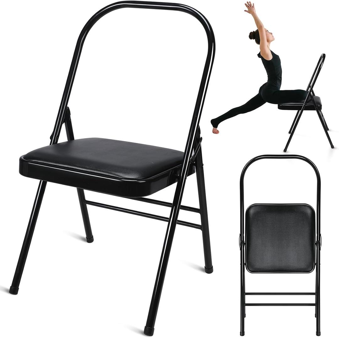 RattanView Yoga Auxiliary Chair with Lumbar Back Support Backless Folding Metal Foldable Flexibility Exercise Chair Balance Handstand Training Tool for Back Pain Relieving Strength Training
