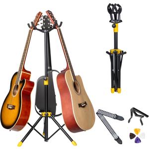 Triple Guitar Stand, Tripod Adjustable 3 Guitar Stand Floor for Acoustic, Bass & Electric. Multi Guitar Rack Stand Holder for Multiple Guitars, Folding Banjo Stand with Strap & Picks