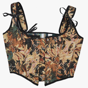 Women Vintage Floral Print Vest Flower Embroidery Pattern Tight Drawstring Tie-up Tank Bustier Corset